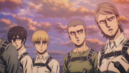 Mikasa (voiced by Trina Nishimura), Armin (voiced by Jessie James Grelle), Connie (voiced by Clifford Chapin), and Jean (Mike McFarland) looking shocked in 'Attack on Titan' season 4