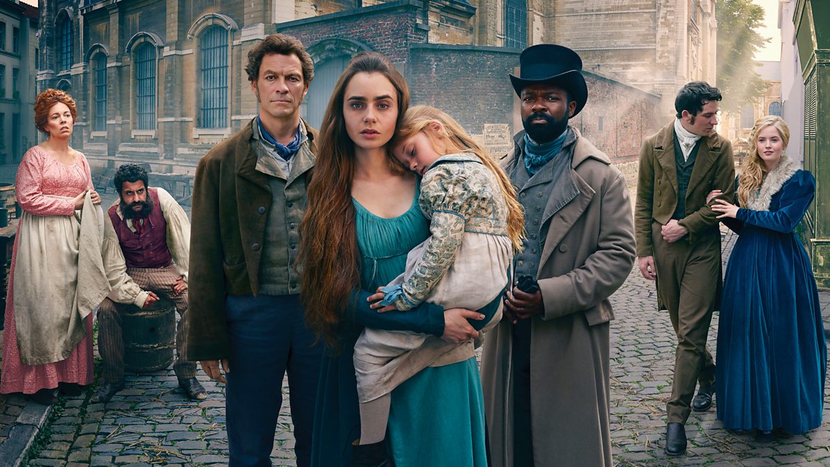 Olivia Colman, Adeel Akhtar, Dominic West, Lily Collins, David Oyelowo, Josh O'Connor and and Ellie Bamber in the BBC's 2018 adaptation of Les Miserábles