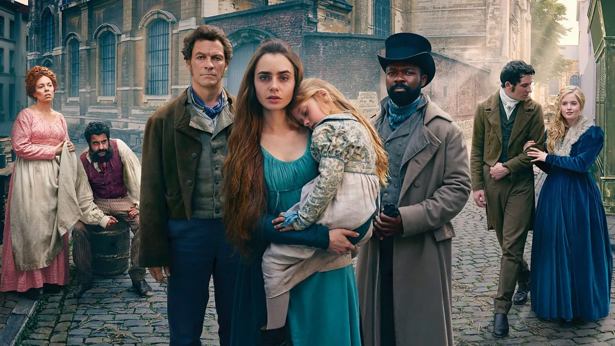 Olivia Colman, Adeel Akhtar, Dominic West, Lily Collins, David Oyelowo, Josh O'Connor and Ellie Bamber in the 2018 BBC adaptation of Les Miserables