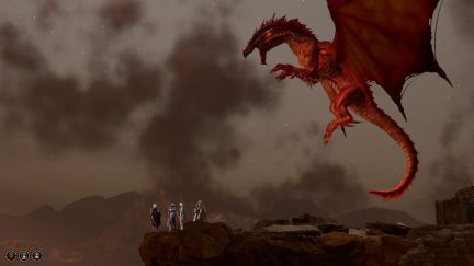 A red dragon greeting the party atop Baldur's Gate in 'Baldur's Gate 3'.