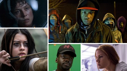 A collage featuring some of the best movies about aliens (clockwise from top left): 'Alien,' 'Attack the Block,' 'Arrival,' 'Nope,' and 'Prey'