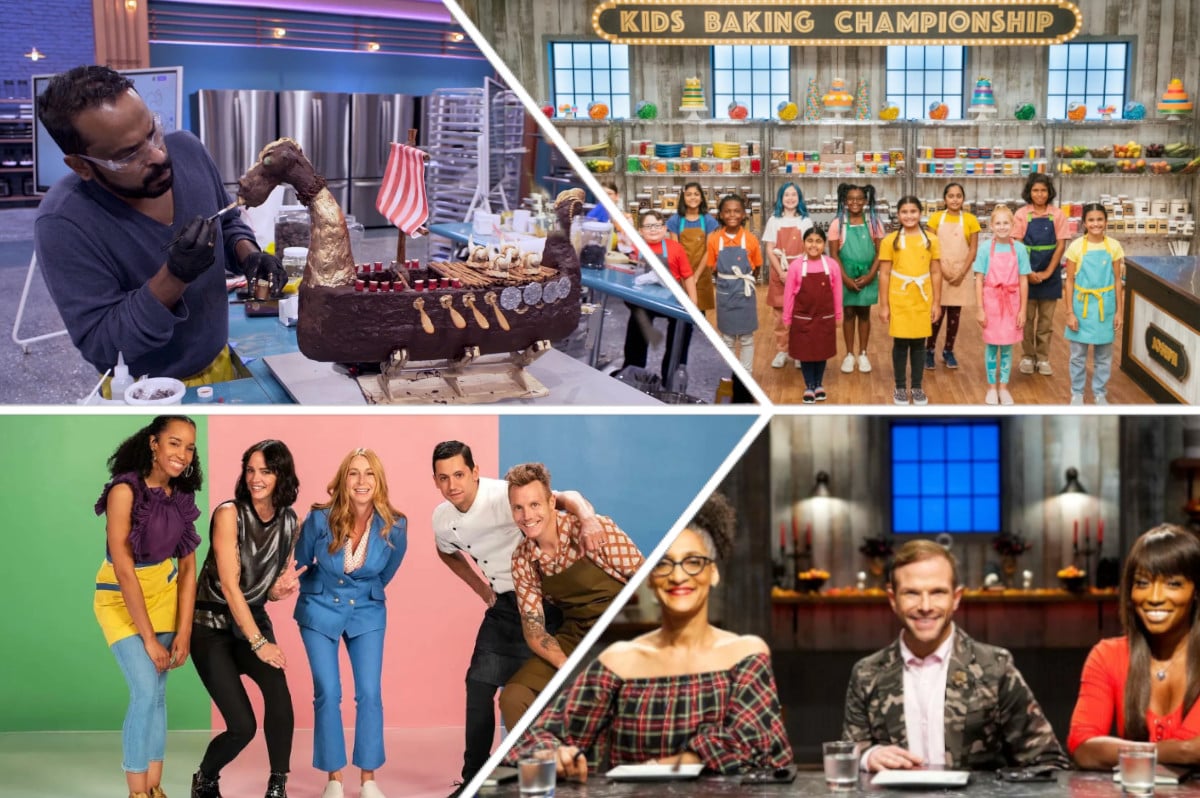 Collage of Baking Impossible, Kids Baking Championship, Baking Squad, and Halloween Baking Championship