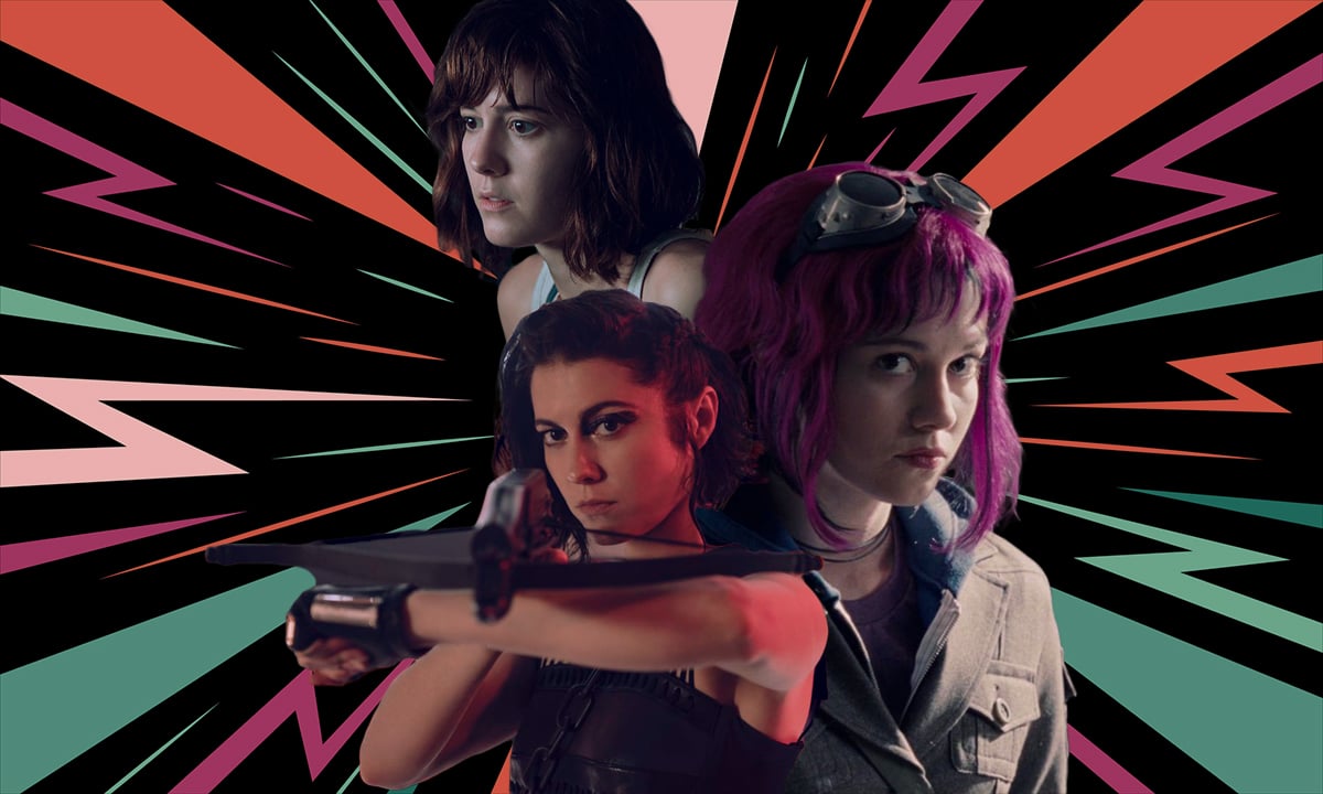 A collage of Mary Elizabeth Winstead characters from '10 Cloverfield Lane,' 'Scott Pilgrim vs. the World,' and 'Birds of Prey,' over a comic book style abstract background