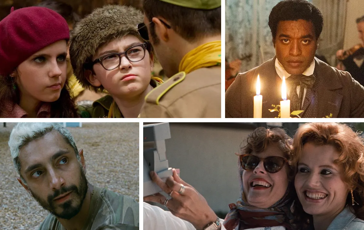 A collage featuring some of the best movies on Amazon Prime Video right now (clockwise from top left): 'Moonrise Kingdom,' '12 Years a Slave,' 'Thelma and Louise,' and 'The Sound of Metal'