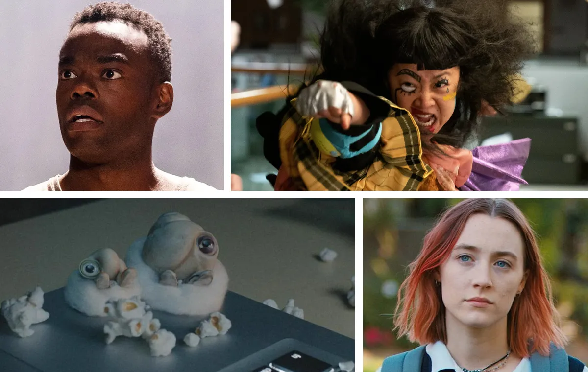 A collage featuring some of the best movies on Showtime right now (clockwise from top left): 'Midsommar,' 'Everything Everywhere All at Once,' 'Ladybird,' and 'Marcel the Shell With Shoes On'