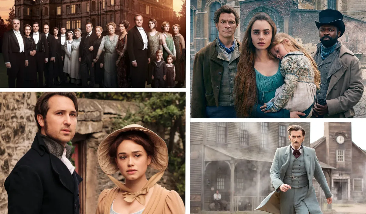 A collage featuring some of PBS Masterpiece's best period dramas. Top left is Downton Abbey, bottom left is Sanditon, top right is Les Miserablés, and bottom right is Around the World in 80 Days.