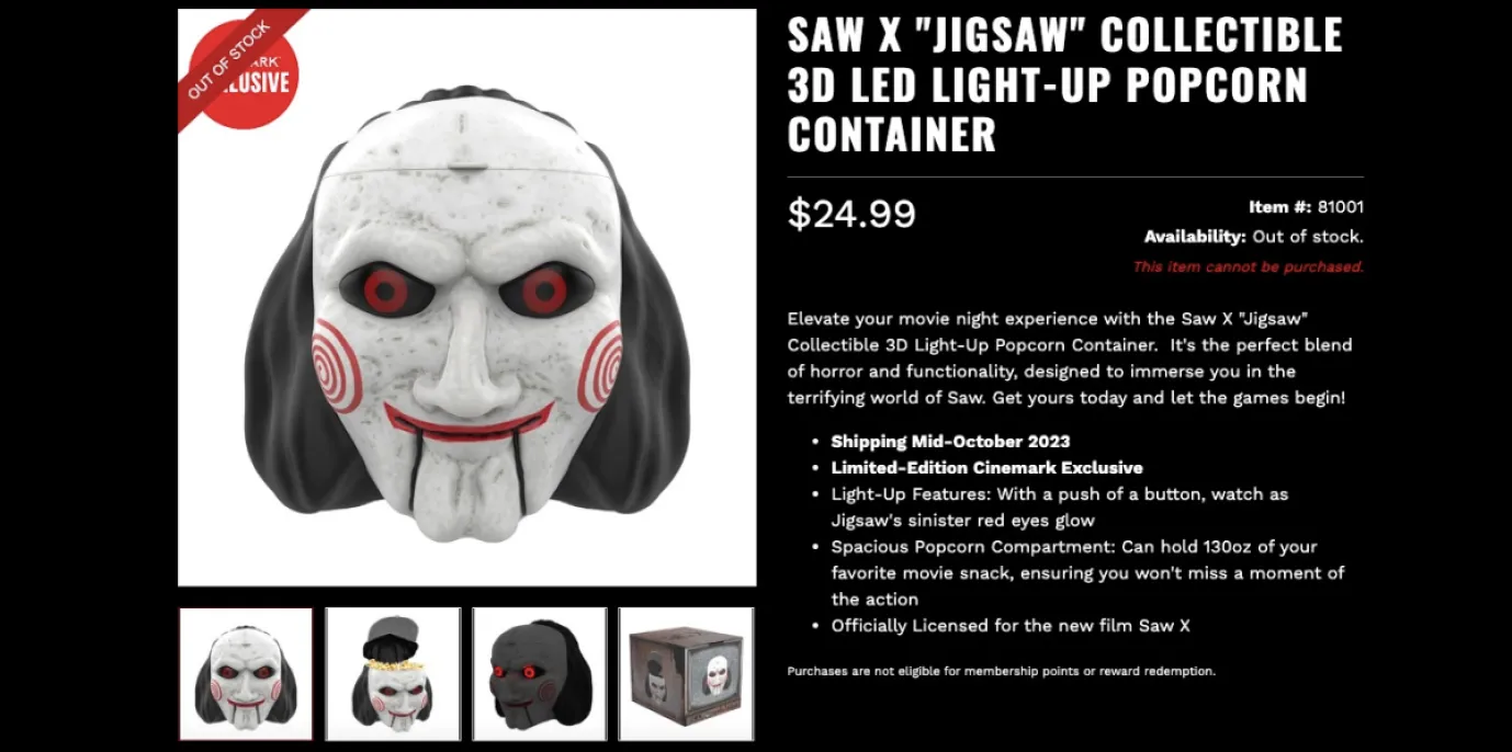 A screenshot of the 'Saw X' promotional Billy the Puppet popcorn bucket from Cinemark