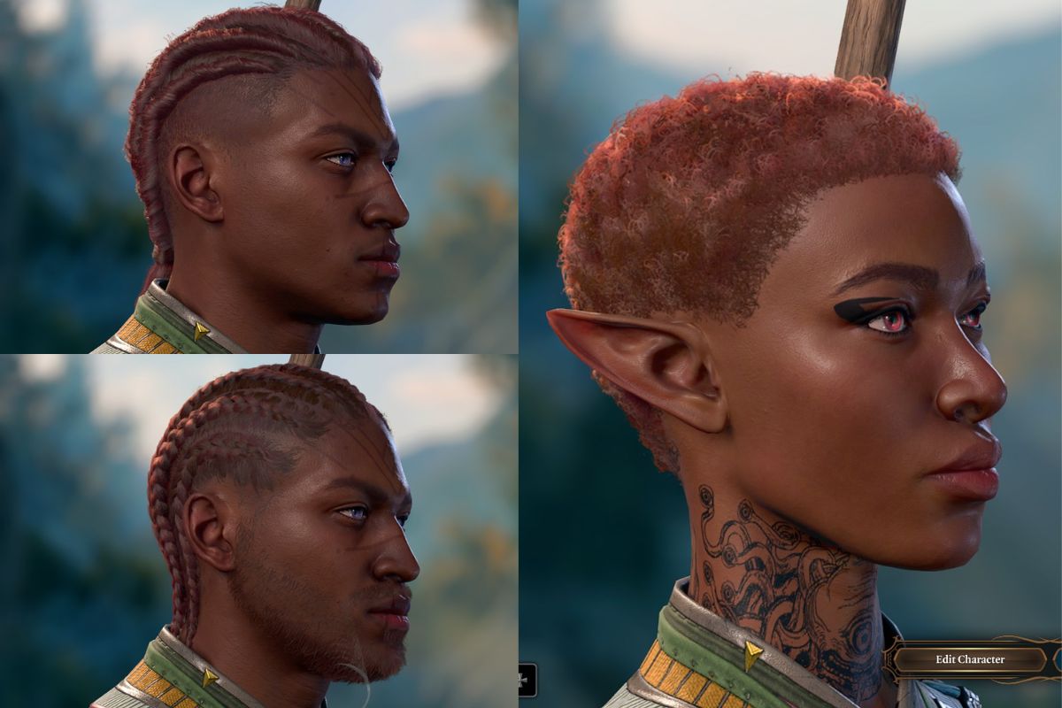 Masc Human Monks with Femme Half-Elf Monk showing a variety of Black hairstyles. This includes a short cut, corn rows and something else I really don't know what it's supposed to be.