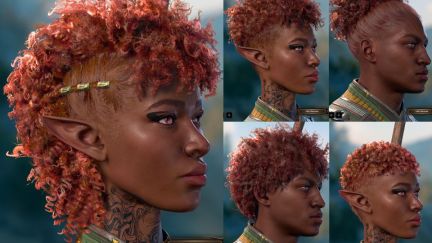 Masc Human Monks with Femme Half-Elf Monks showing a variety of Black hairstyles—especially curls.