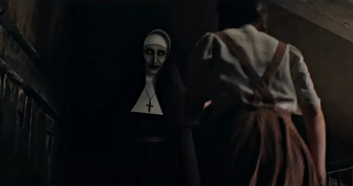 Valak the Demon (Bonnie Aarons) takes the form of a nun and frightens a French schoolgirl in ‘The Nun II.’