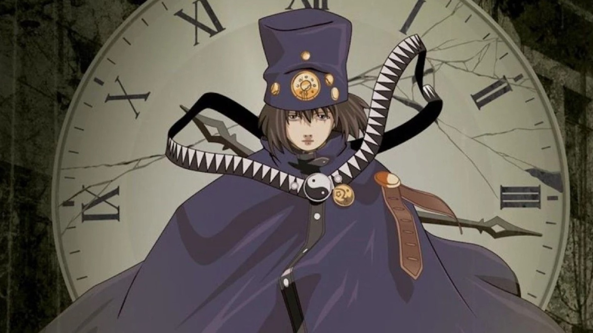 A character stands in front of a giant clockface wearing a mystical hat and cloak in the anime 'Boogiepop Phantom'