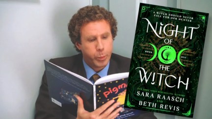 Will Ferrell reading a kids book as Buddy the Elf and the cover of Night of the Witch