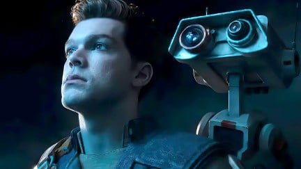 Cameron Monaghan as Cal Kestis together with his droid BD-1 in Star Wars Jedi: Survivor