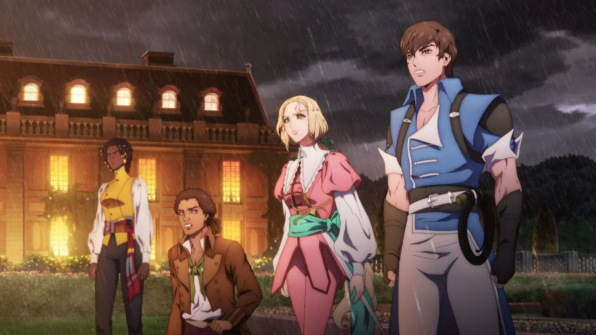 Two men and two women stand outside ready for a fight in 'Castlevania: Nocturne.'