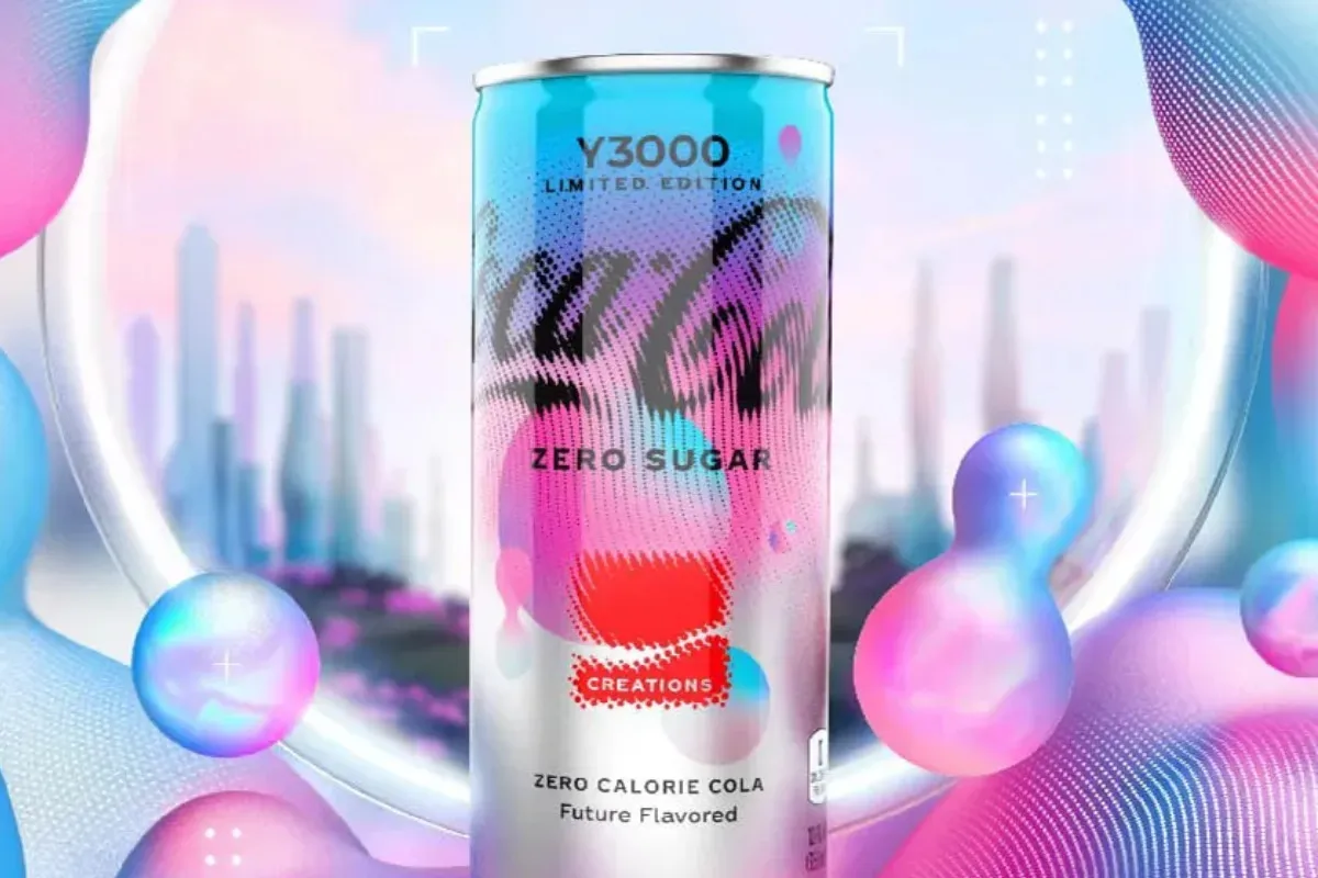 A promotional image of Coca-Cola's limited edition AI-generated flavor, Coca-Cola Zero Sugar Y3000
