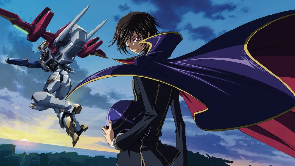 The young leader Lelouch confidently looks over his shoulder and smirks at the camera while a robot leaps out into the sunset behind him in "Code Geass"
