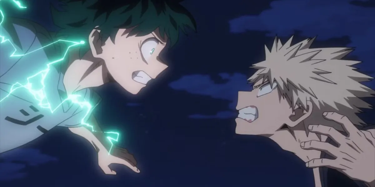 Deko and Bakugo wind up to punch each other in "My Hero Academia"