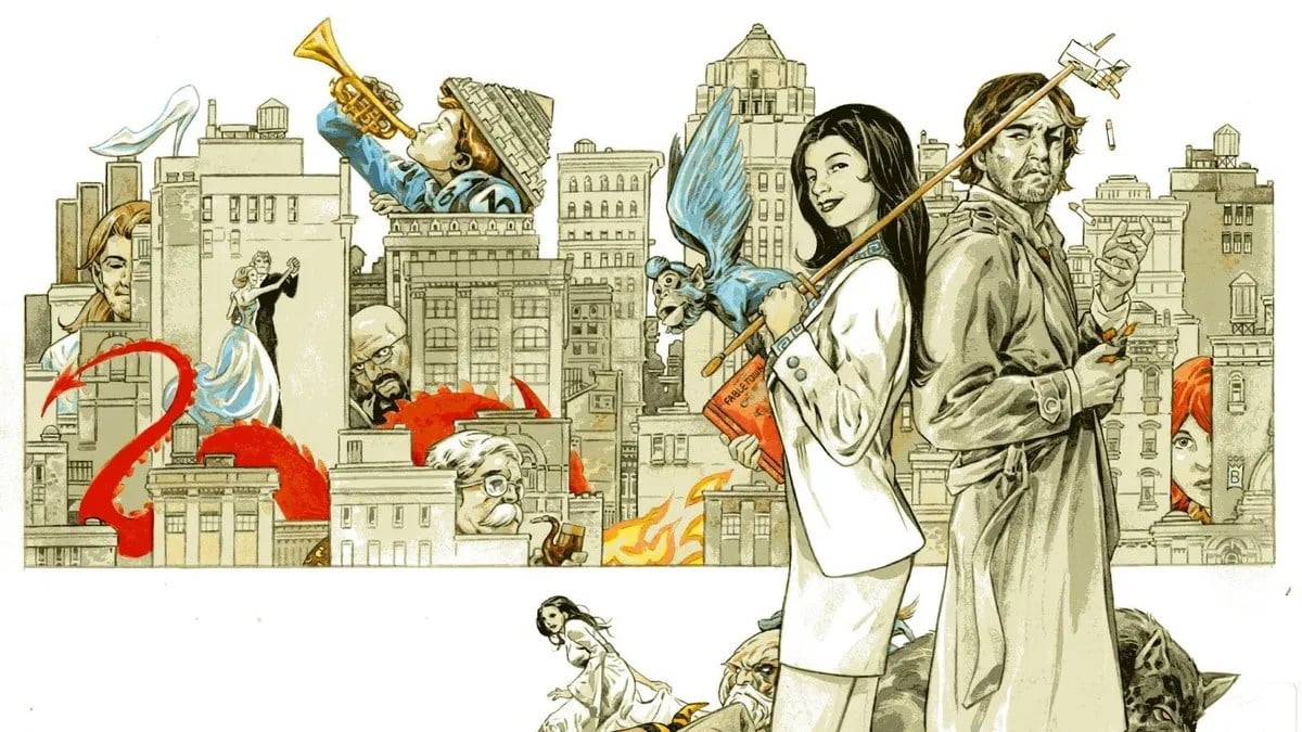 Color illustration from the DC Comics/Vertigo comics series, 'Fables.' Snow White and Bigby are in the foreground on the right of the image standing back to back. Behind them is a cityscape with various 'Fables' characters popping out from behind buildings.