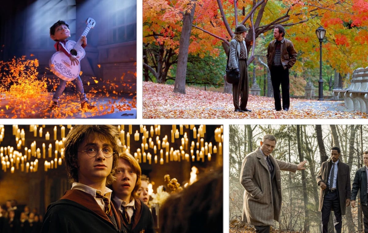 Best fall films collage featuring Coco, When Harry Met Sally, Harry Potter, and Knives Out