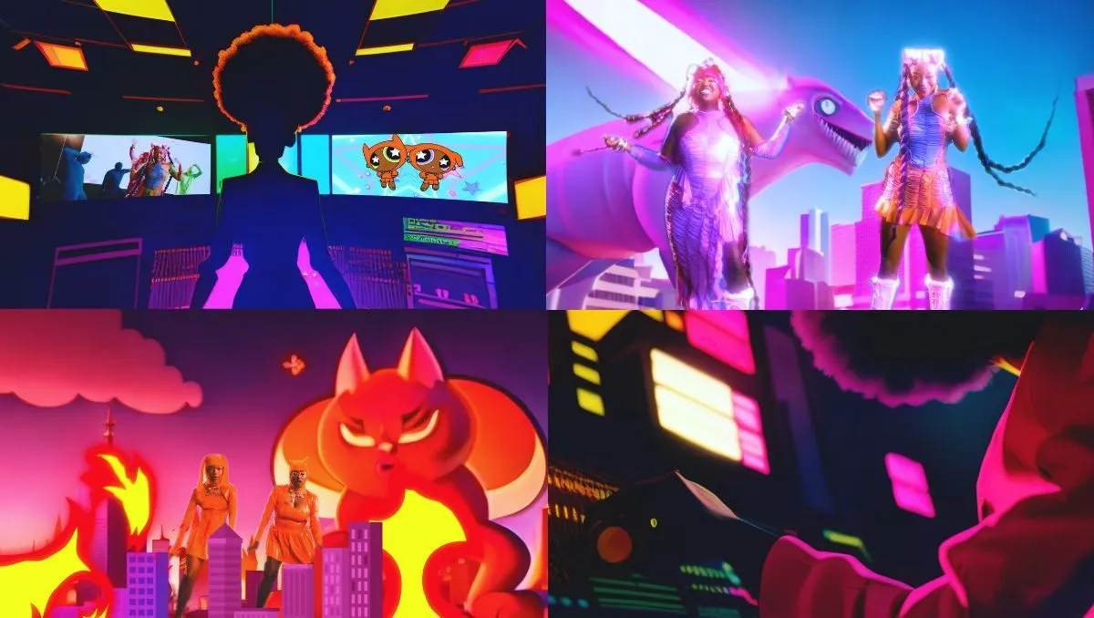 Collage of frames featuring AI-generated imagery and animation from Flyana Boss' 2023 music video "You Wish."