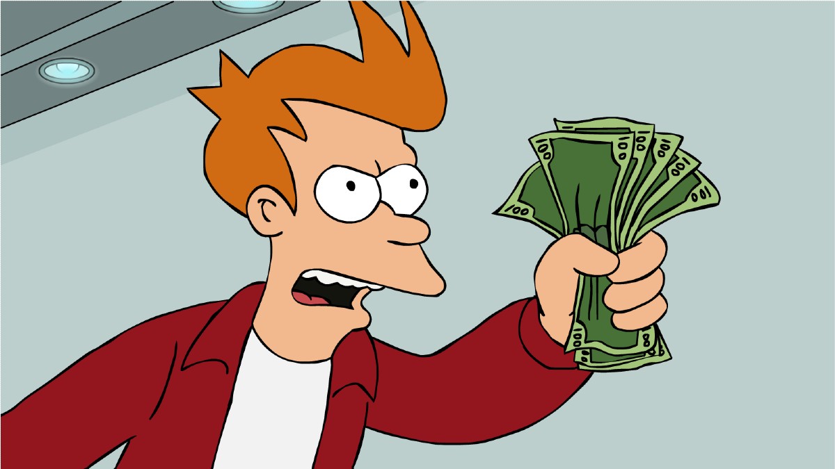 Animated man angrily waves money on 'Futurama.'
