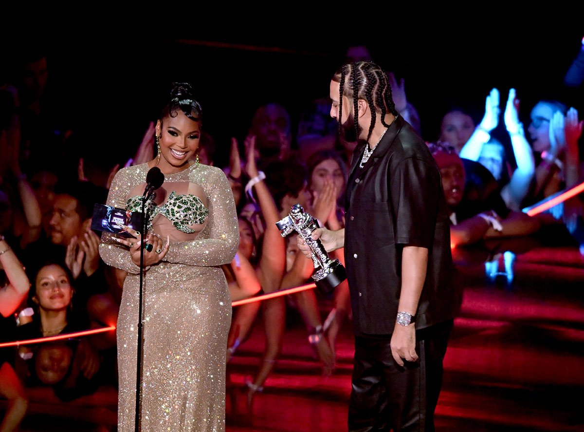 NEWARK, NEW JERSEY - SEPTEMBER 12: (L-R) Ashanti and French Montana speak onstage during the 2023 MTV Video Music Awards at Prudential Center on September 12, 2023 in Newark, New Jersey. (Photo by Noam Galai/Getty Images for MTV)
