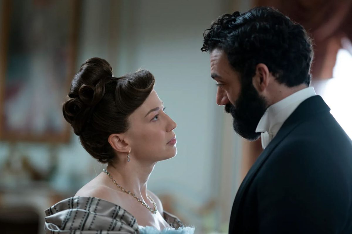 Carrie Coon as Bertha Russell and Morgan Spector as George Russell in 'The Gilded Age.'