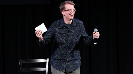 Hank Green speaking in New York City about his novel An Absolutely Remarkable Thing