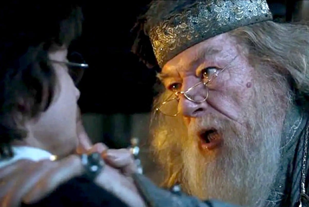 Dumbledore "calmly" asks Harry Potter if he put his name in the goblet of FIYAH.