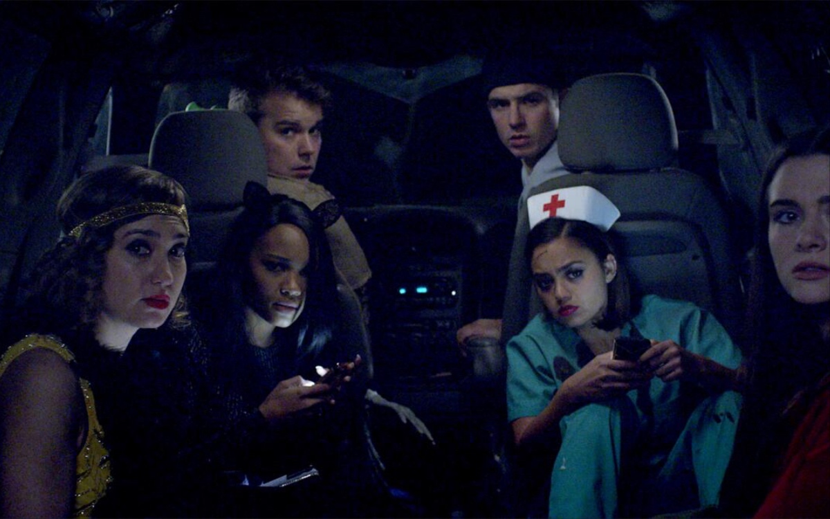 Haunt (2019) Cast L-R: Schuyler Helford as Mallory, Lauryn McClain as Bailey, Andrew Lewis Caldwell as Evan, Will Brittain as Nathan, Shazi Raja as Angela, and Katie Stevens as Harper