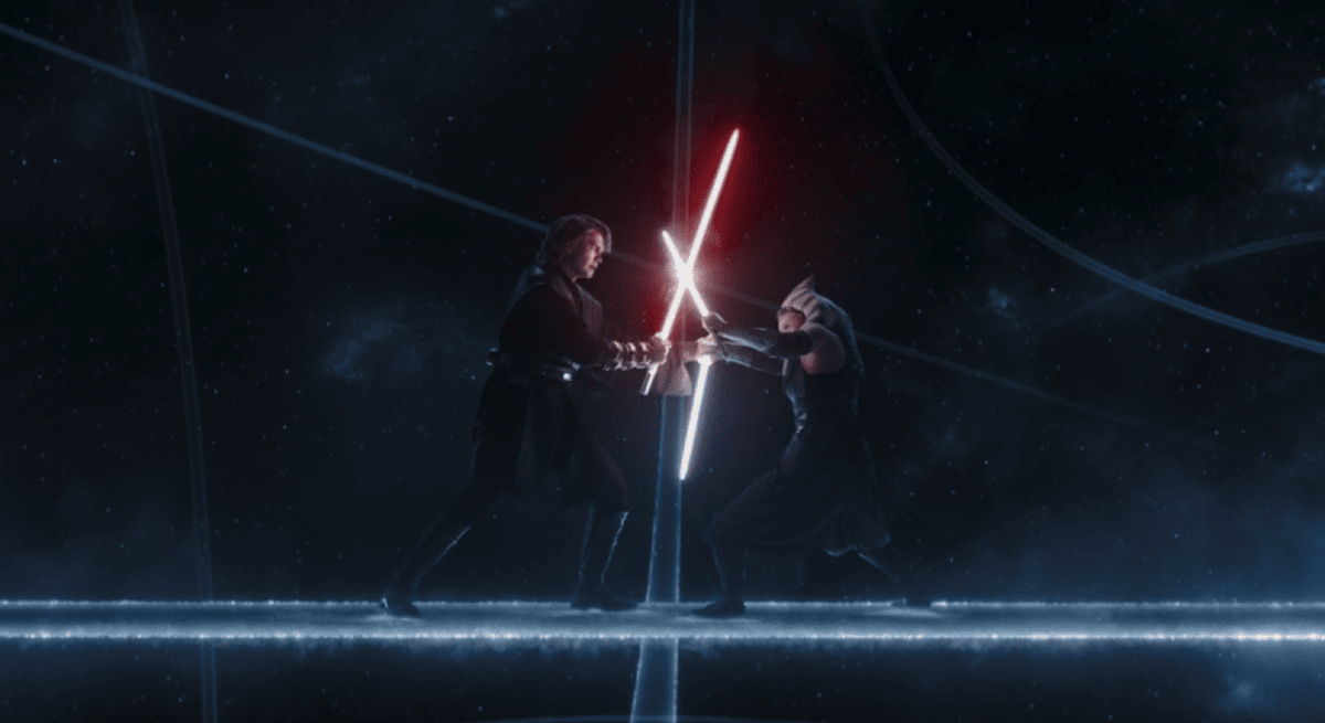 Anakin Skywalker (Hayden Christensen) and Ahsoka Tano (Rosario Dawson) duel with lightsabers in the mystical World Between Worlds in episode 5 of 'Ahsoka'