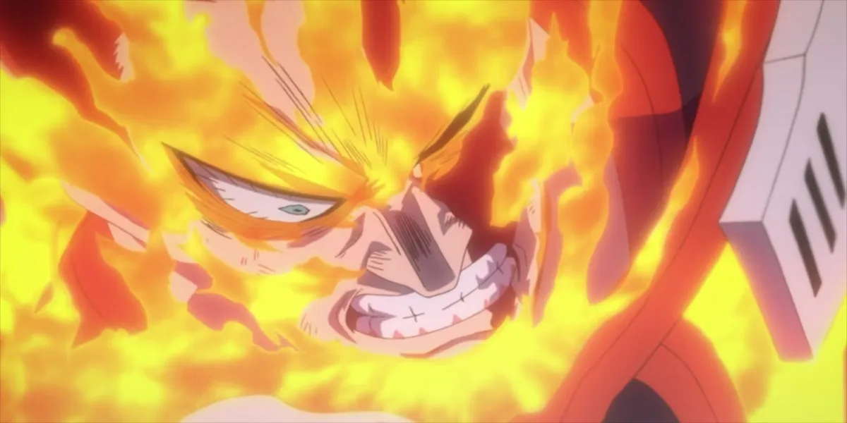 Endeavor grits his teeth while wreathed in flames in "My Hero Academia"