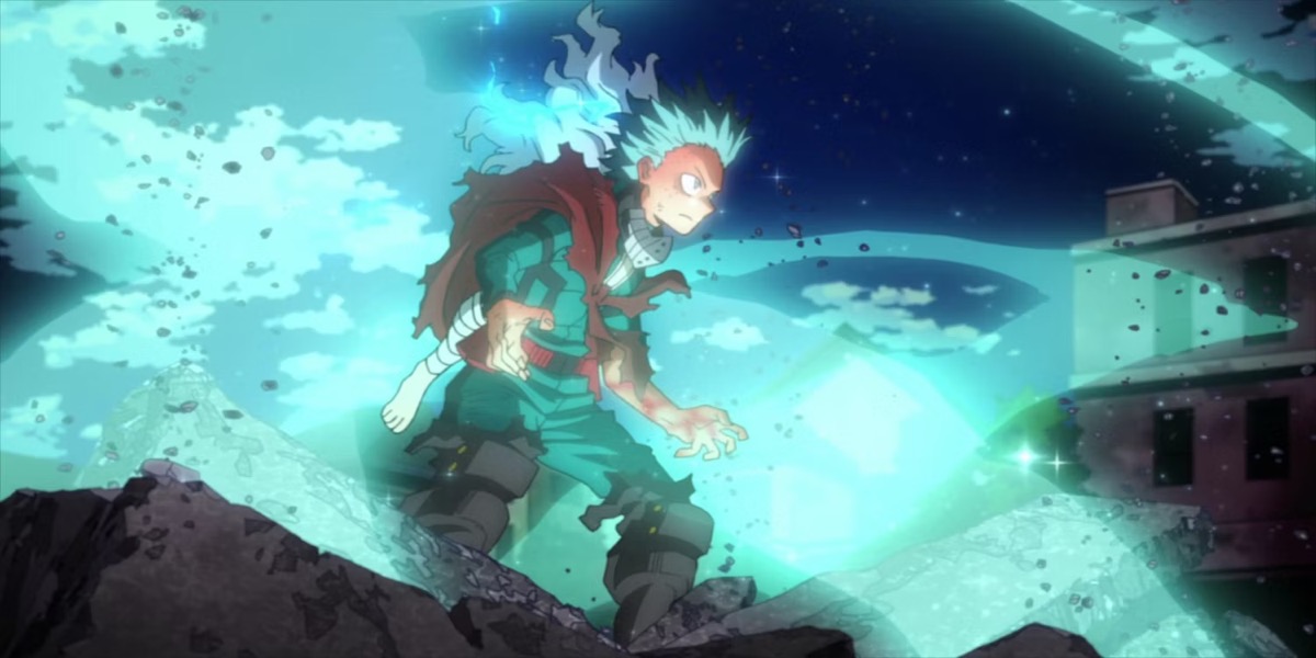 Midoriya stands in rubble wearing ripped up clothes, glowing green with power in "My Hero Academia"