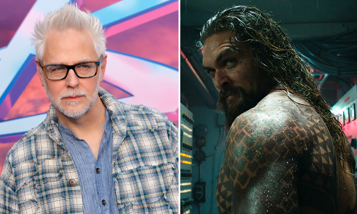 James Gunn opposite a photo of Jason Momoa as Arthur Curry in 'Aquaman'