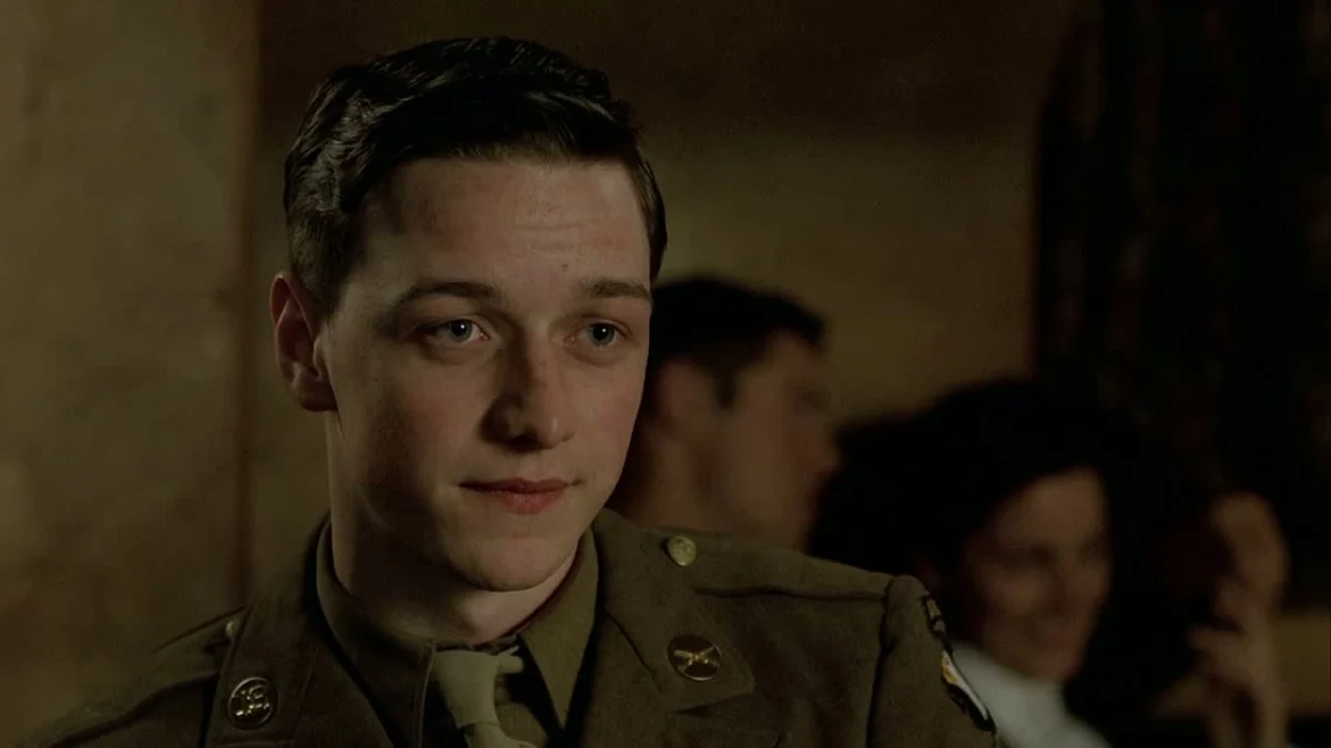 A young white man wears dress fatigues from World War II in 'Band of Brothers.'