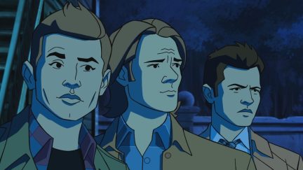 Jensen Ackles as Dean Winchester, Jared Padalecki as Sam Winchester, and Misha Collins as Castiel in the animated 'Supernatural' episode