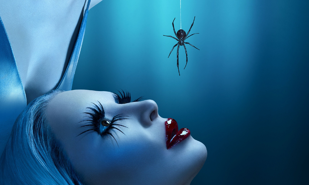 A Black Widow spider dangles over Kim Kardashian's heavily made-up face in a stylized poster for 'American Horror Story: Delicate'