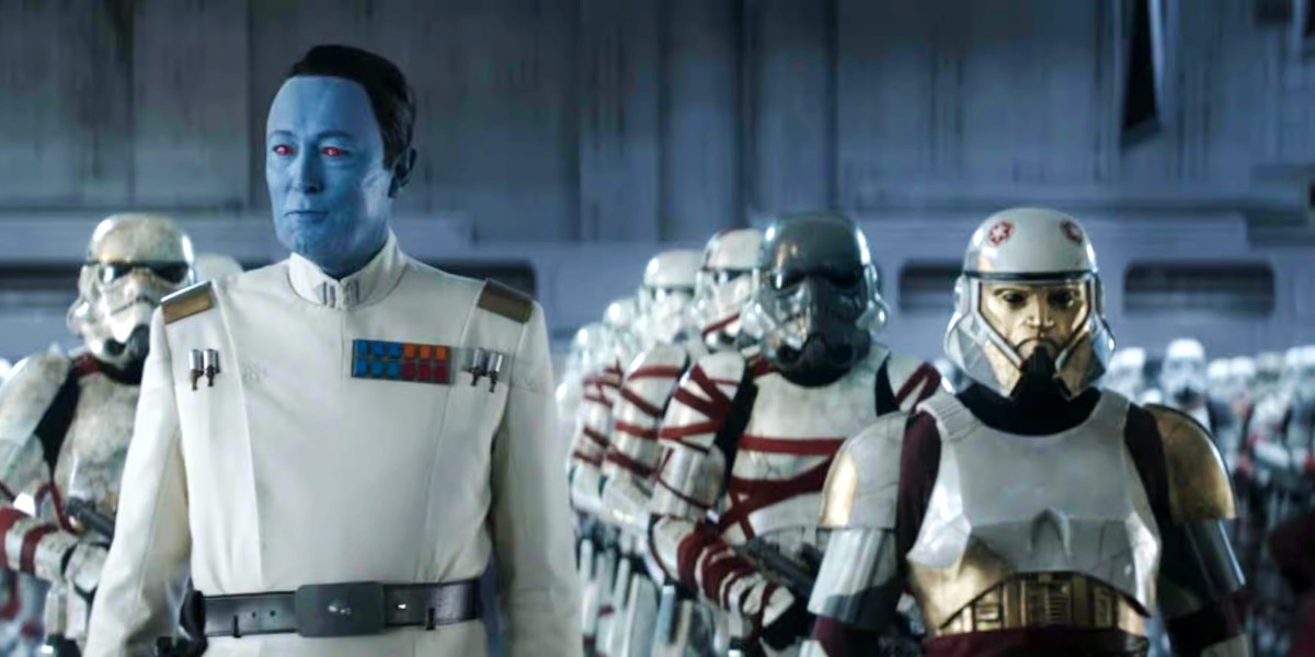 Lars Mikkelsen as Grand Admiral Thrawn alongside Night Troopers in Ahsoka
