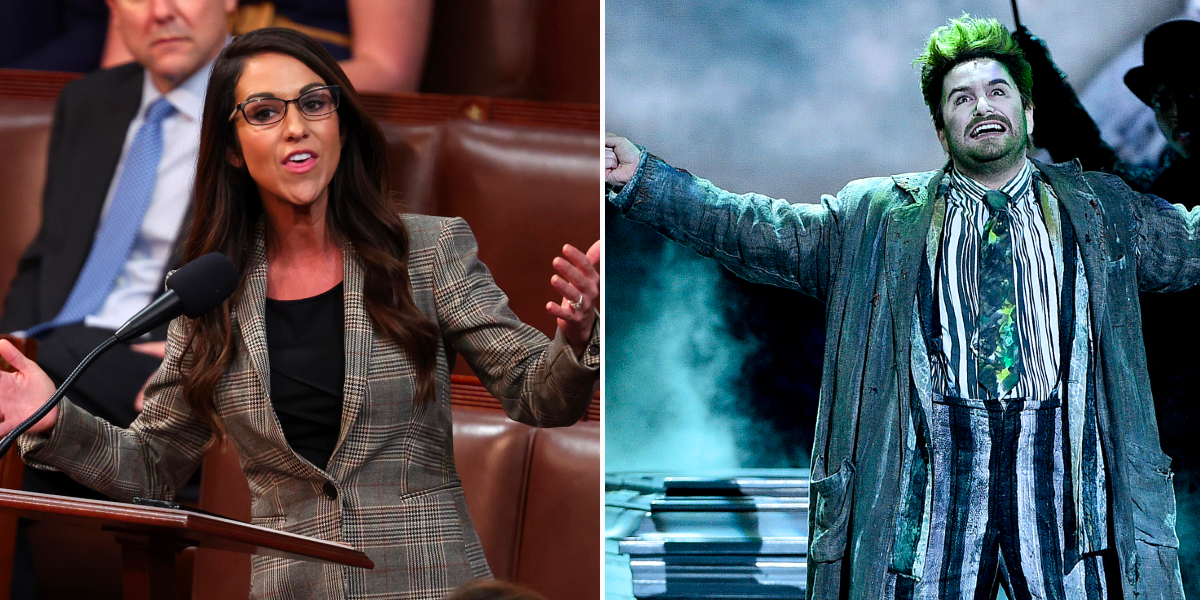 Colorado state representative Lauren Boebert opposite Alex Brightman performing as Beetlejuice at the 2019 Tony Awards