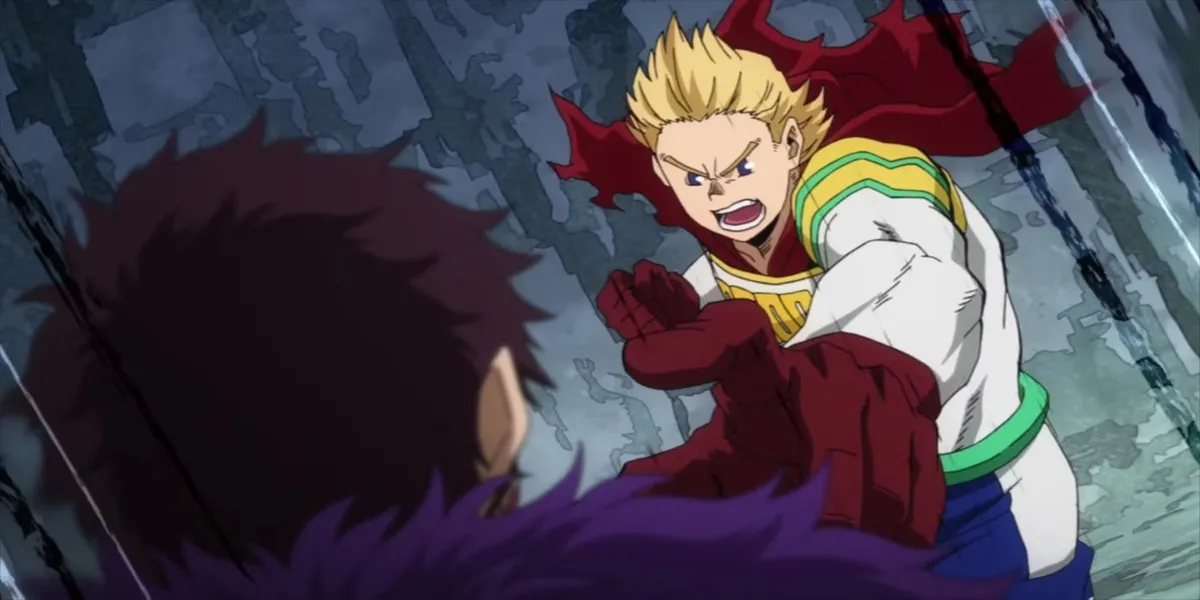 A young man in superhero gear is reading to punch another in "My Hero Academia"