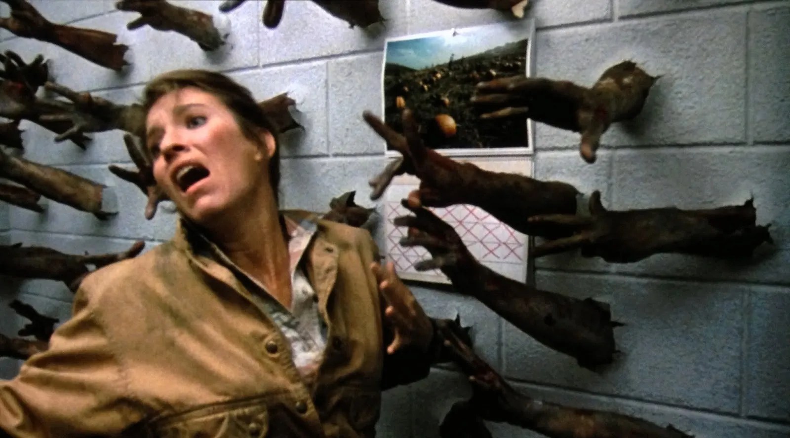 Dr. Sarah Bowman (Lori Cardille) recoils from twenty rotted hands reaching through the brick wall in ‘Day of the Dead.’ 