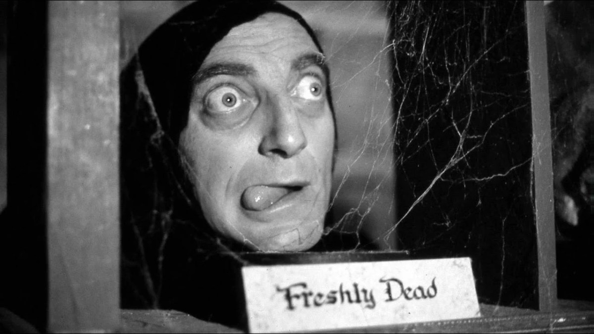 The head of lab assistant Igor (Marty Feldman) is presented on a cobwebbed shelf with the label “Freshly Dead” in ‘Young Frankenstein.’