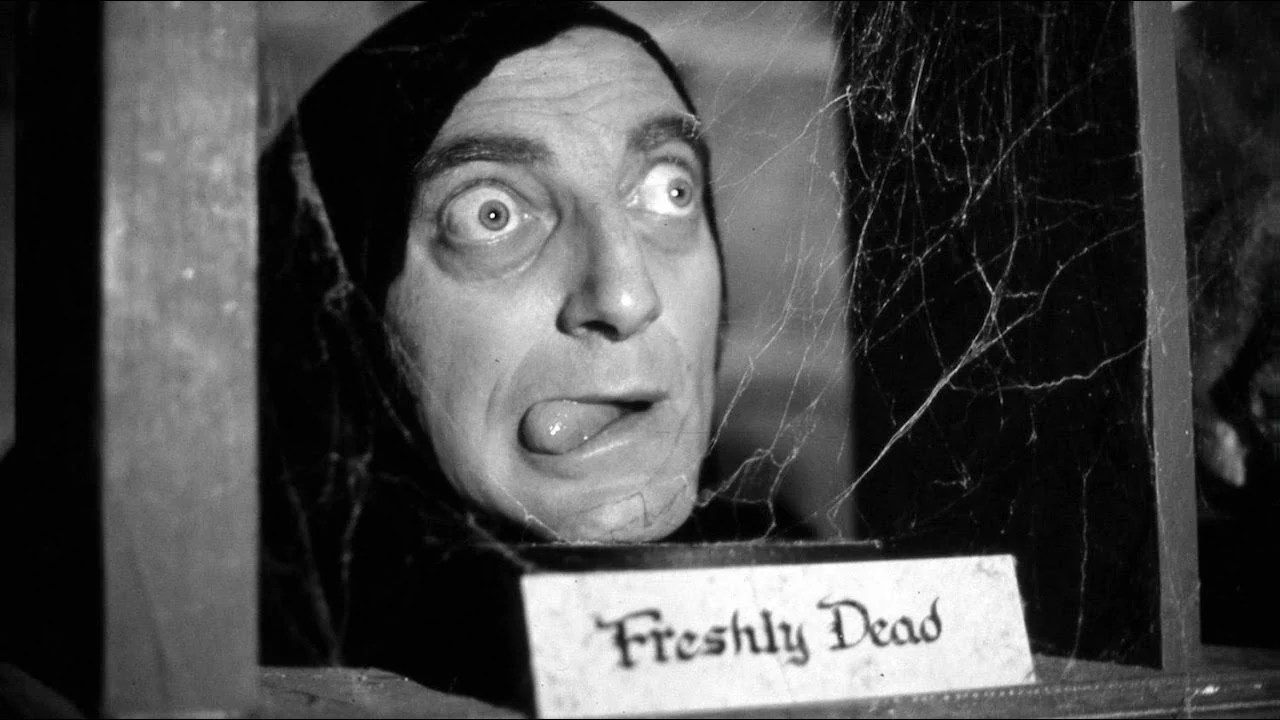 The head of lab assistant Igor (Marty Feldman) is presented on a cobwebbed shelf with the label “Freshly Dead” in ‘Young Frankenstein.’
