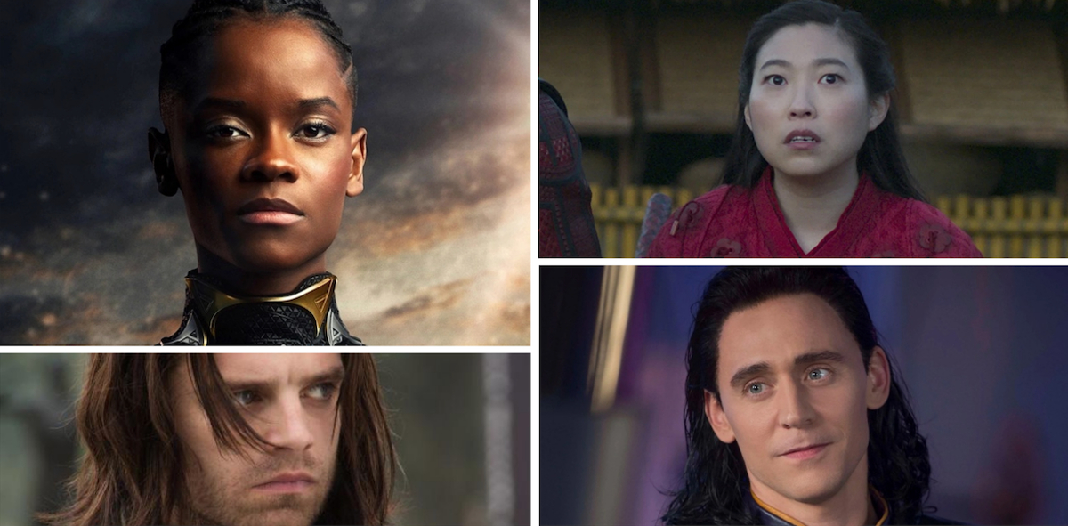 A collage of Marvel characters (clockwise from top left): Shuri from 'Black Panther,' Katy from 'Shang-Chi,' Loki, and Bucky Barnes