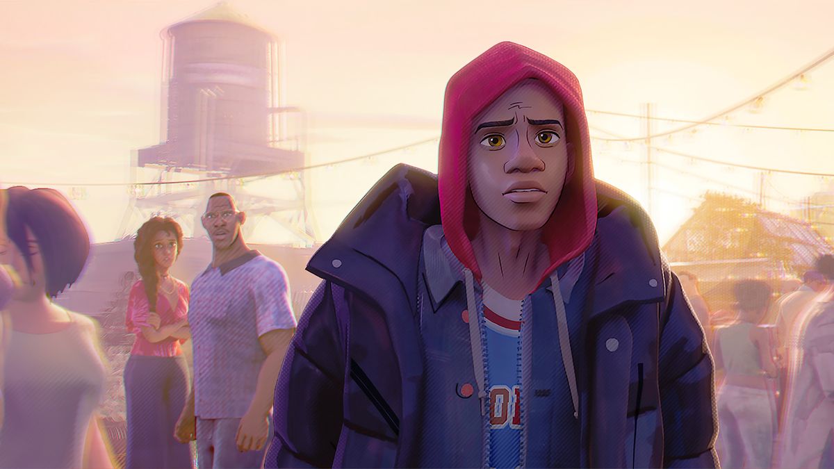 Miles Morales, an Afro-Latino teenage boy wearing a jacket over a red and blue hoodie walks through a crowd at a rooftop party in a scene from 'Spider-Man: Across the Spider-Verse.'