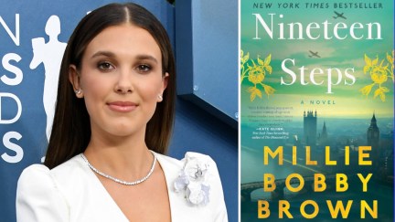 Millie Bobby Brown posing on the red carpet and the cover of Millie Bobby Brown's Nineteen Steps