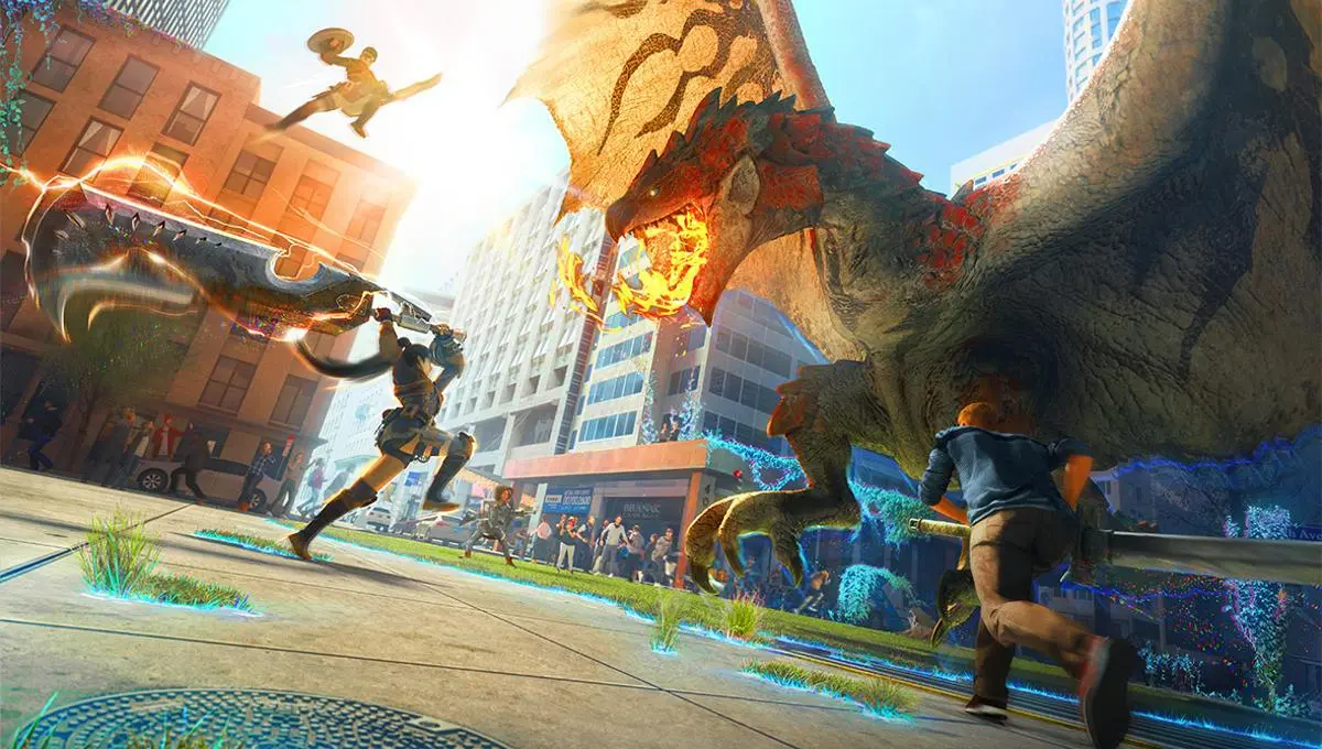 Animated warriors fight a winged beast in a downtown city in 'Monster Hunter Now.'