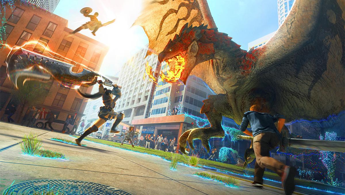 Animated warriors fight a winged beast in a downtown city in 'Monster Hunter Now.'