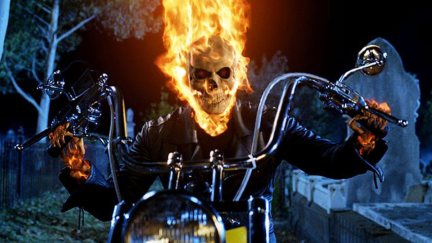 A flaming skeleton rides a motorcycle in 'Ghost Rider.'