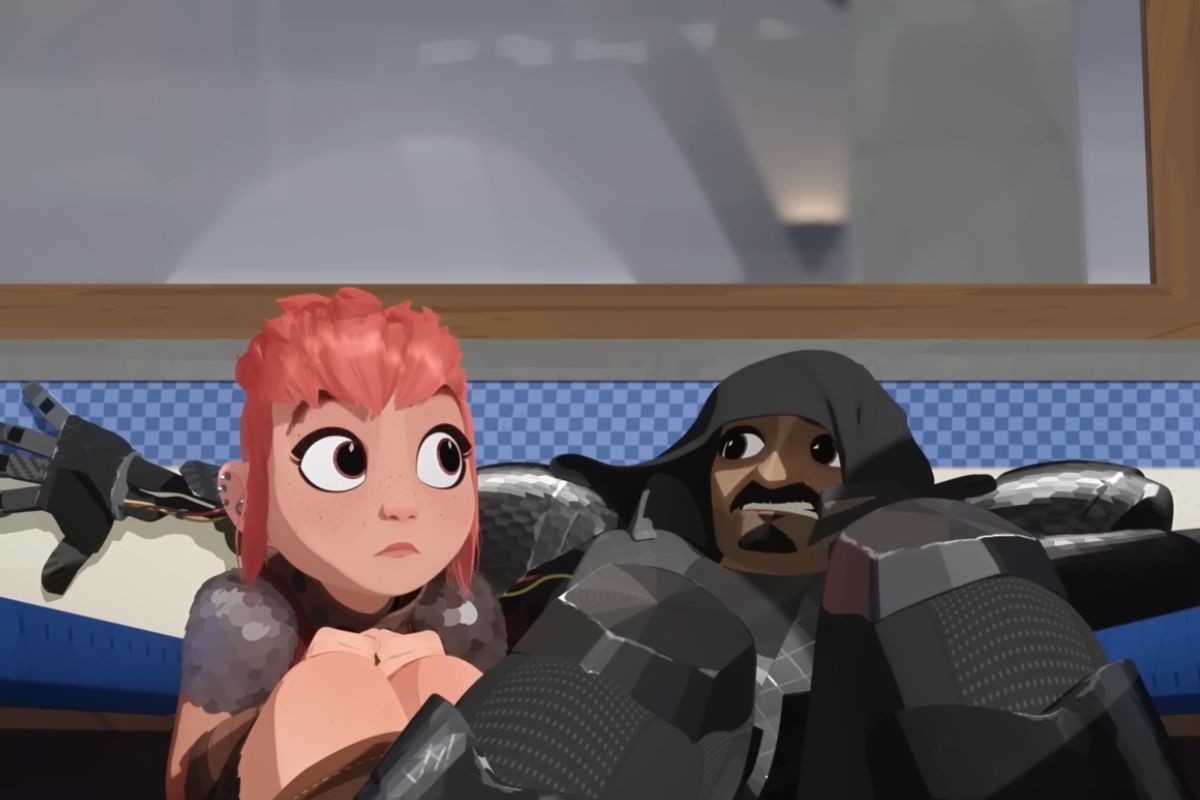 Chloë Grace Moretz as Nimona and Riz Ahmed as Ballister Boldheart hiding in Nimona on a train.